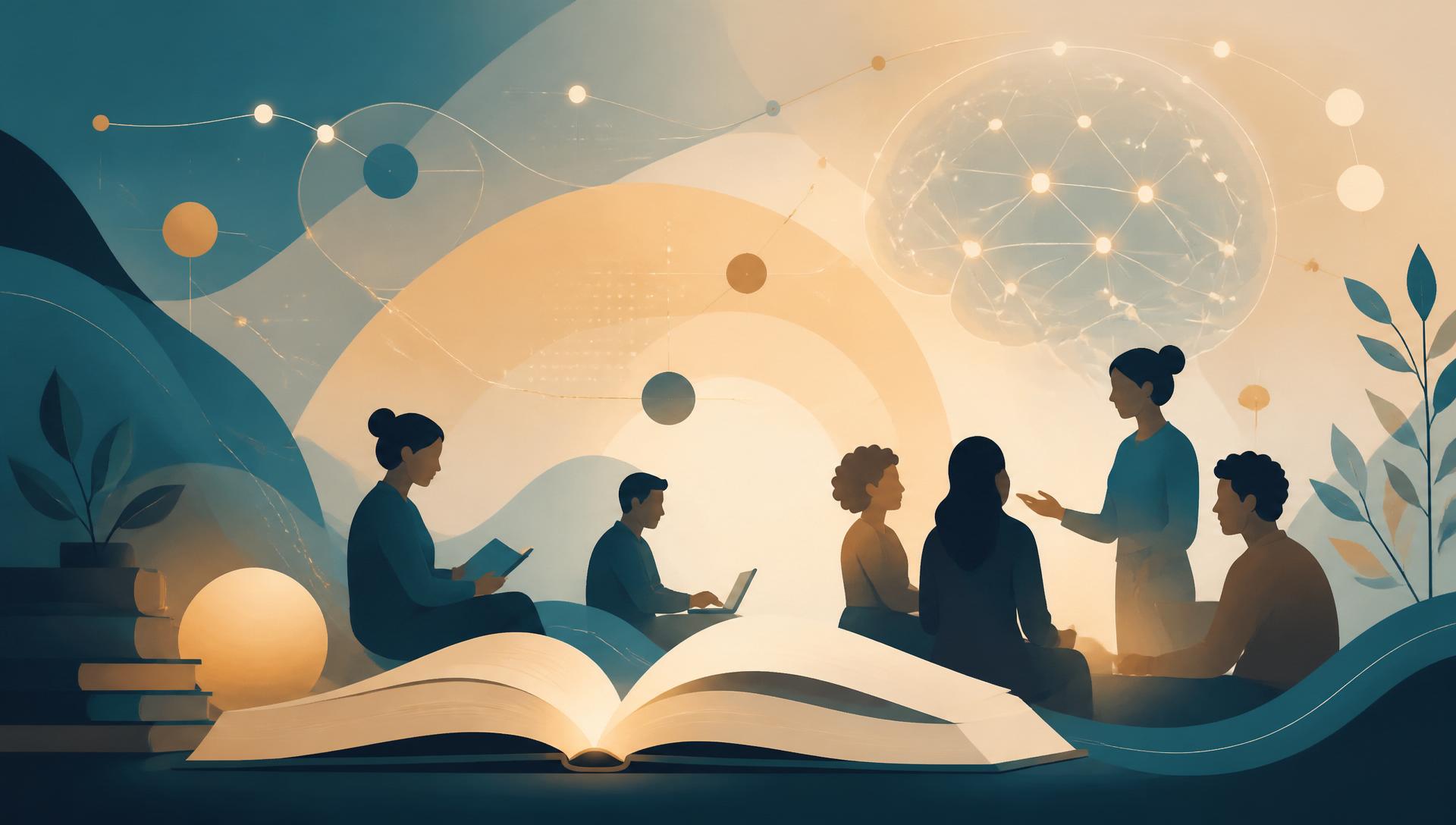 Ilustração de educação e inteligência artificial com pessoas aprendendo e conexões digitais